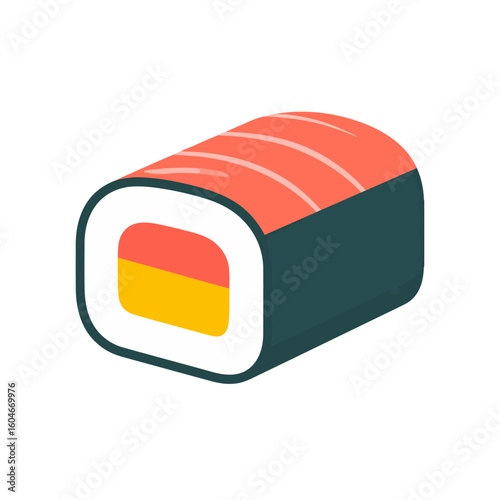 Single piece of stylized maki sushi with a salmon topping and colorful filling.