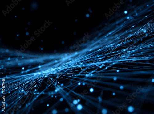 A digital network with glowing blue lines and dots connecting in a dark abstract background design .