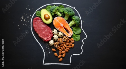 Healthy Food in Brain Shape Featuring Salmon, Beef, and Vegetables on transparent background