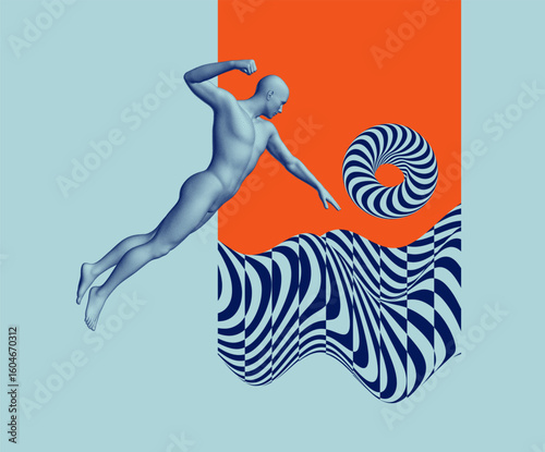 Leadership, freedom or development concept. Jumping man. 3D human body model. Optical illusion dynamic pattern with displacement from multiple sliced lines. Abstract striped backdrop. Art composition.