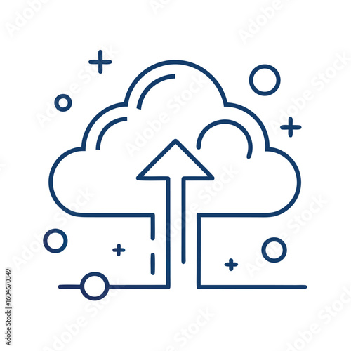 Minimalist Line Art Icon of Cloud Upload – Futuristic Technology Outline in Flat Design