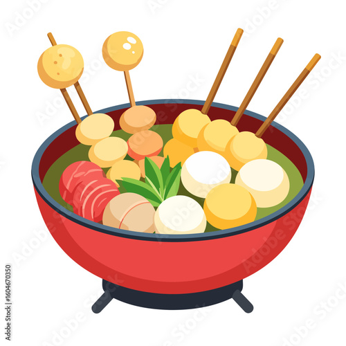 Colorful Assorted Fish Balls and Meat Slices in a Red Bowl, Served on Skewers