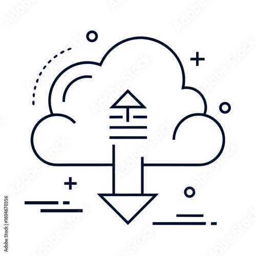 Minimalist Line Art Icon of Cloud Download – Futuristic Technology Outline in Flat Design
