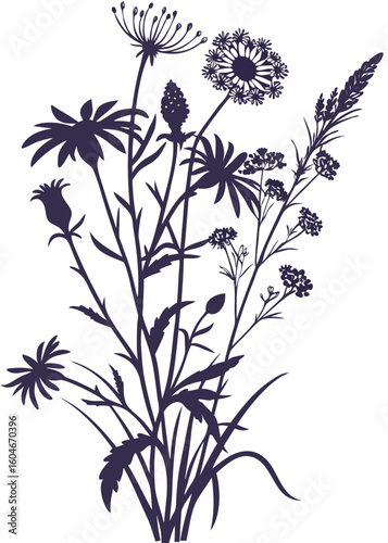 Wildflower bouquet mixed types silhouette on white background.