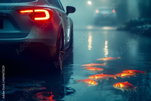 Glowing fish swim ethereally in front of a futuristic car on a misty road