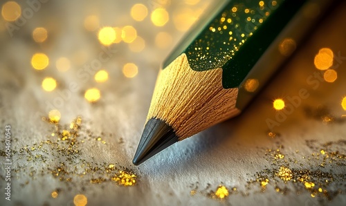 Fantasy-inspired close-up of a classic green pencil with gold accents on glowing parchment