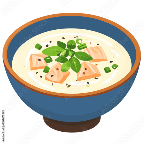 Creamy Salmon Soup with Fresh Green Garnish and Black Sesame Seeds