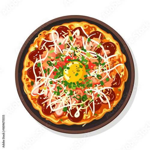 Delicious Japanese Okonomiyaki pancake with egg yolk, savory toppings, and mayonnaise drizzle