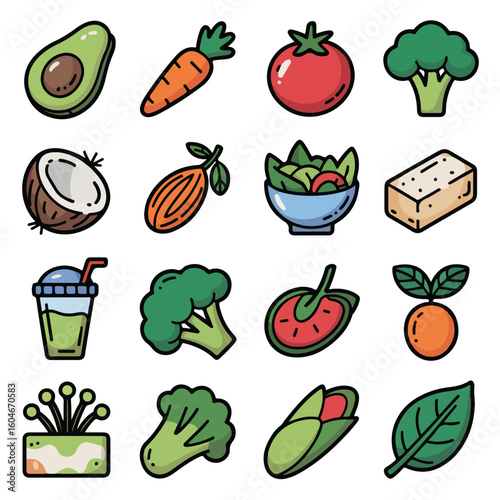 Vibrant collection of fresh fruits and vegetables, healthy eating icons