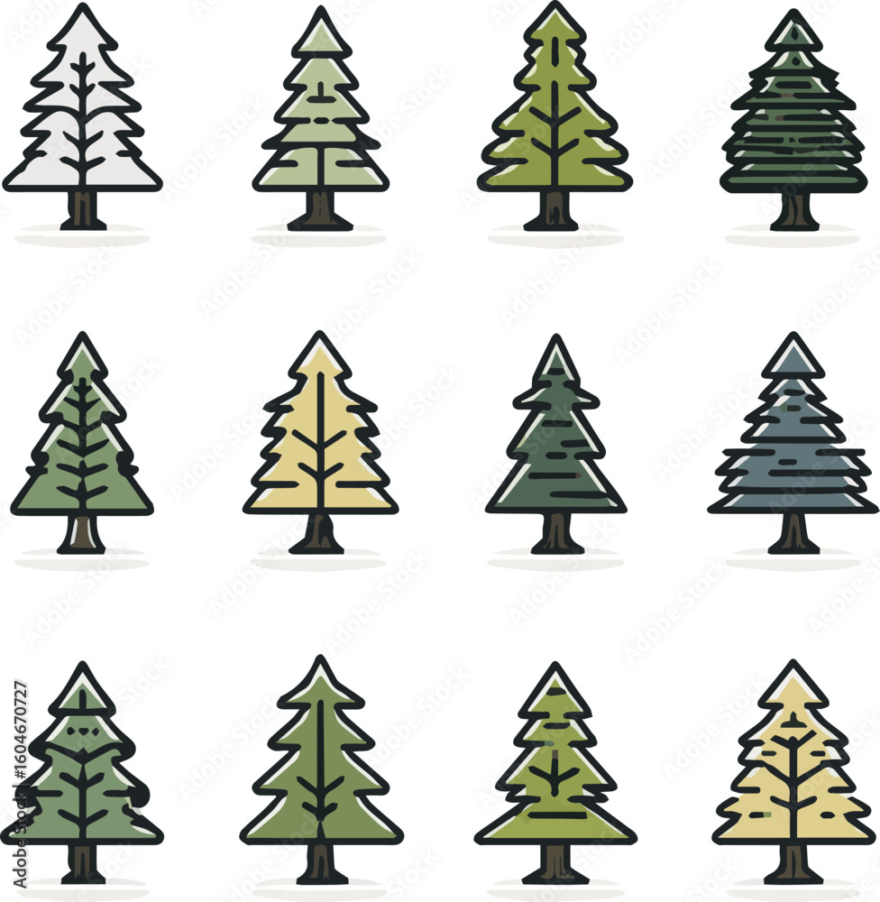 Obraz premium Christmas tree set with festive winter decorations and evergreen designs