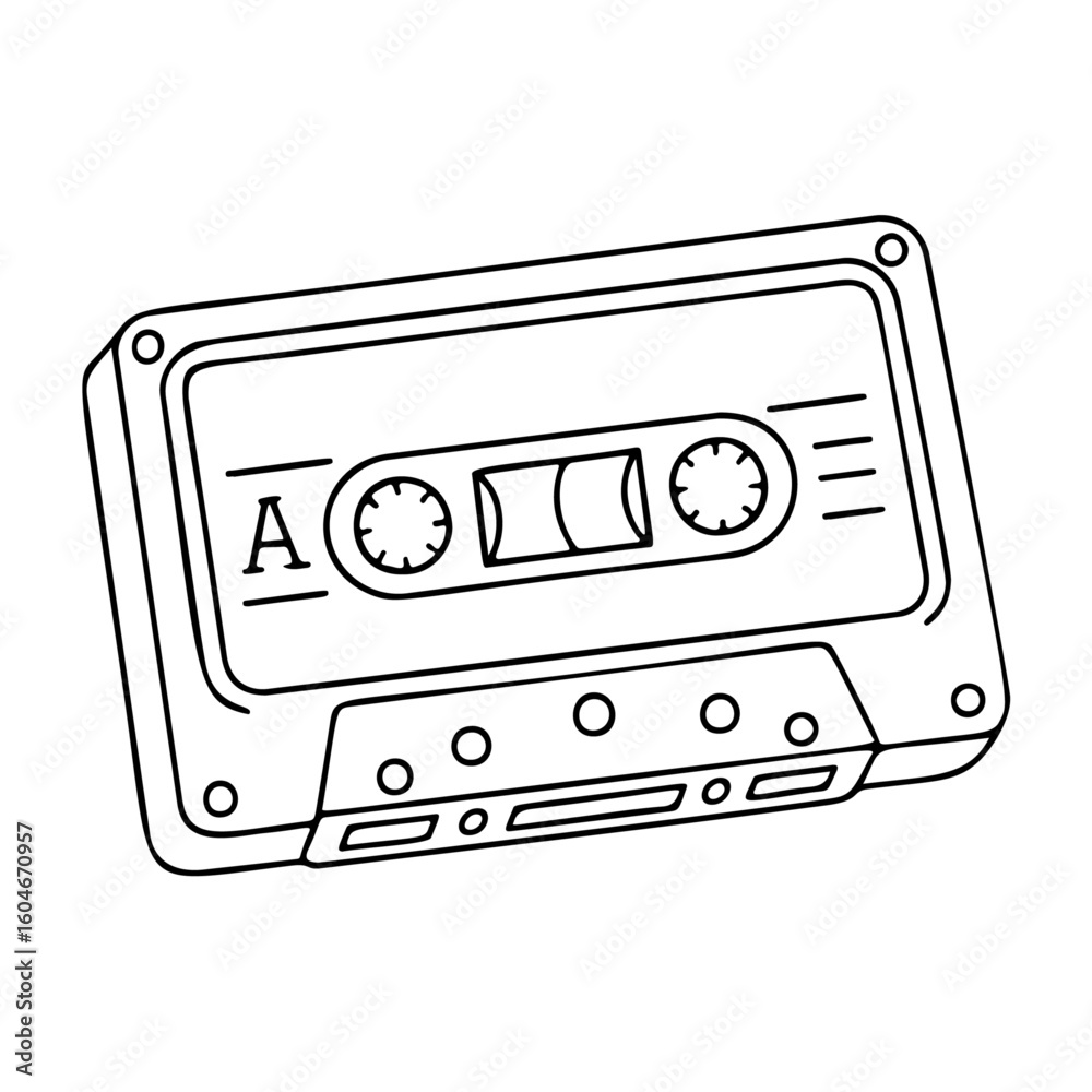 Fototapeta premium Audio cassette tape black and white icon clean line art, doodle style. Retro music audio cassette 80s. Ideal for logo, tattoo, app, coloring book, web design, infographics, banner, poster