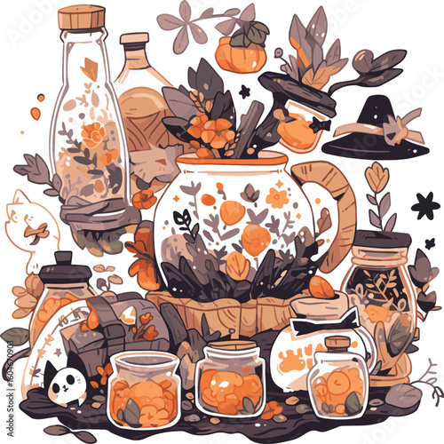 Handmade kitchen pottery and cooking items on a wooden table