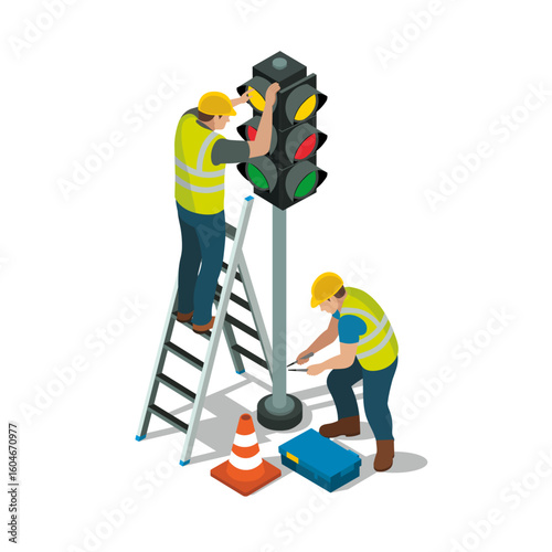 Two workers in safety gear are repairing traffic light. One is on ladder adjusting light, while other is on ground with tools. traffic cone and toolbox are nearby