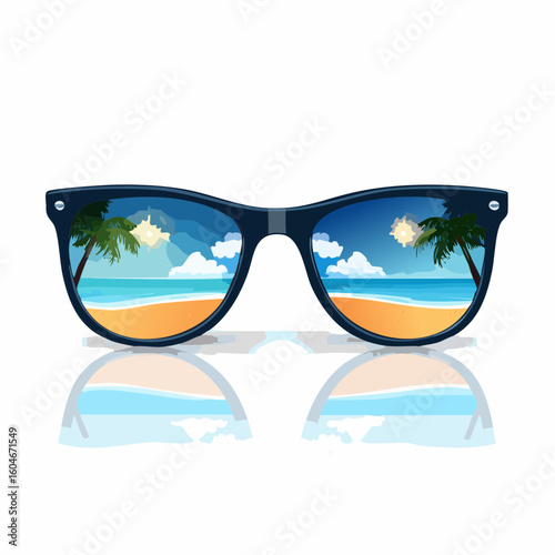 Sunglasses reflecting beach – Stylish shades reflecting an illustrated sunny beach scene.
