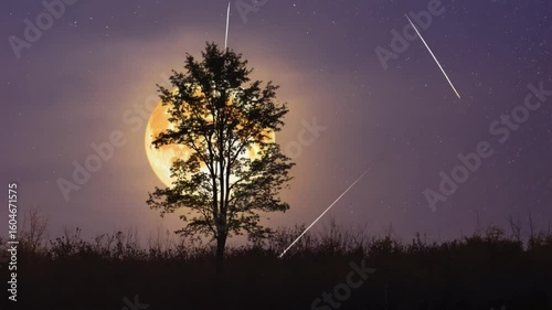 Stunning meteor shower streaks across starry night sky with glowing moon