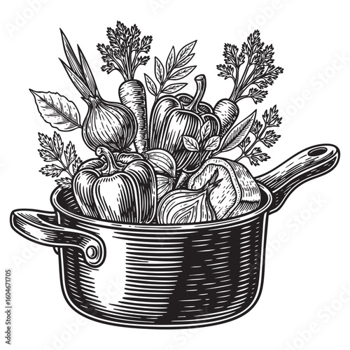Food cooking ingredients in saucepan engraving vector woodcut illustration