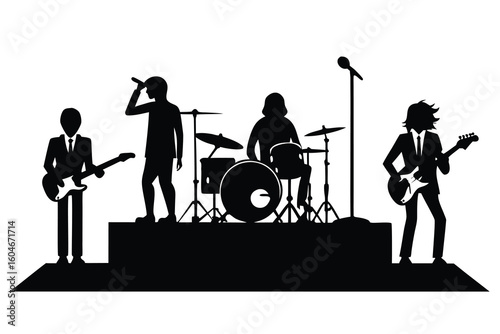 Silhouette of a rock band performing on stage with singer drummer and guitarists full of energy and passion