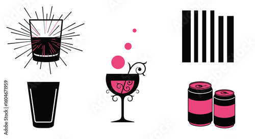 Illustrations depicting beverage consumption and ingredients with abstract elements