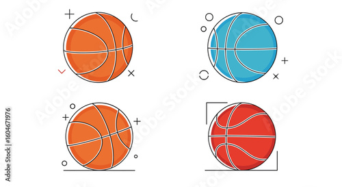 Dynamic basketball illustrations featuring various sports equipment and athletic concepts