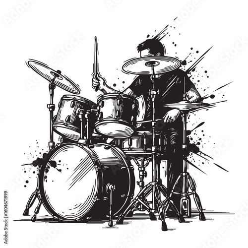 drum player musician abstract sketch brush with splatter engraving vector illustration