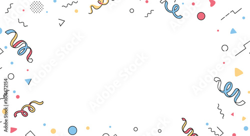 Festive celebration background with colorful confetti streamers and geometric shapes adorning the white space
