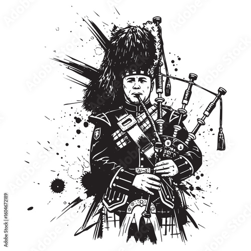 Scottish Piper player engraving vector woodcut illustration