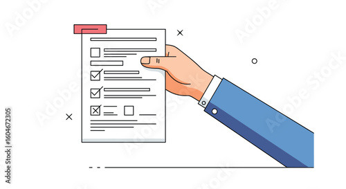 A business professional holding a completed survey form outlining important business tasks and objectives