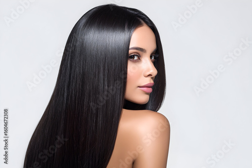 Portrait of a beautiful woman with long straight black hair and pink lipstick against a white background .