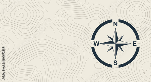 Navigational compass overlayed on contour map lines for outdoor adventure and exploration