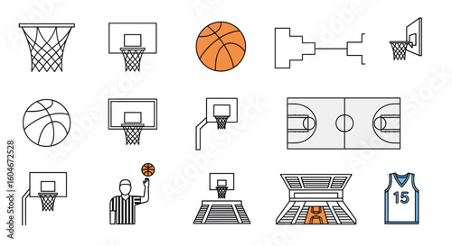 Collection of basketball court and game elements for sports design projects