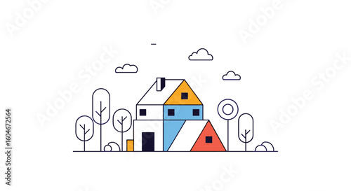 Charming minimalist village with geometric architecture and stylized trees under a cloudy sky