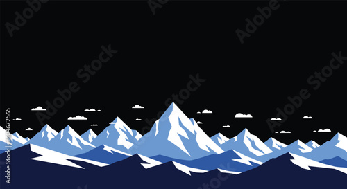 Vast mountain range under a starless night sky with wisps of clouds adorning the peaks