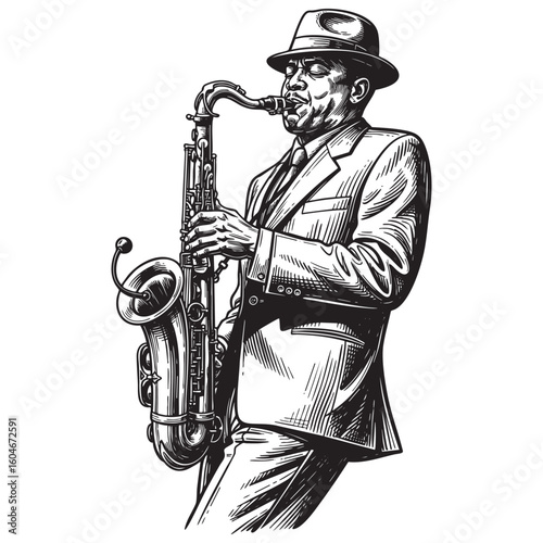 free handing drawing of a jazz saxophonist musician abstract sketch engraving vector illustration
