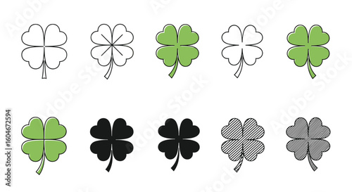 Collection of five leaf clover icons in various styles and colors for good luck symbols
