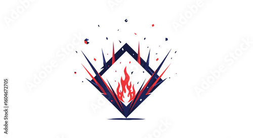 Abstract fiery diamond emblem with explosive energetic rays bursting outward