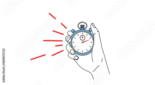 Hand holding stopwatch measuring time with red lines emanating from the clock face indicating speed and progress tracking