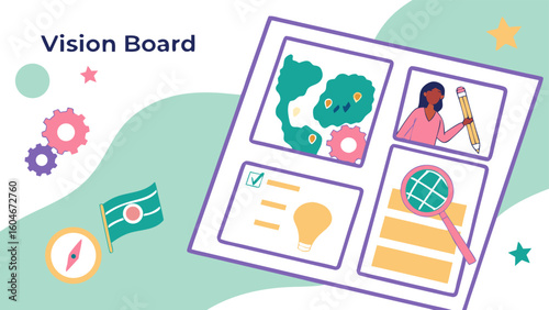 Illustration of a vision board with various images including a woman, map, lightbulb, and magnifying glass