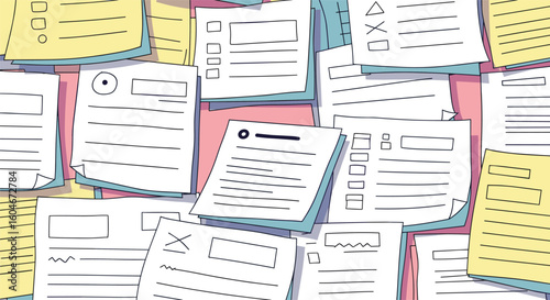 Organizing information and tasks on many sticky notes and papers covering a wall with text and checkmarks