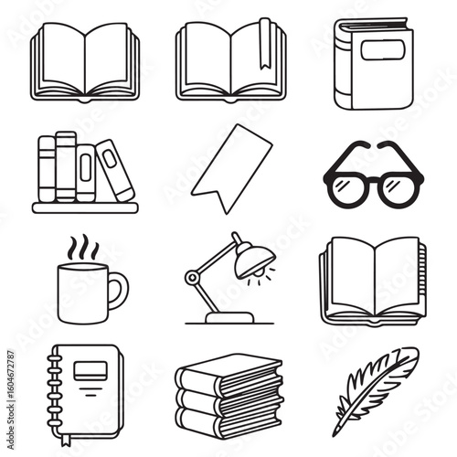 Cozy reading icons: books, lamp, coffee, glasses, bookmark, quill