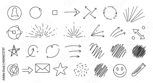 Collection of hand drawn sketch icons and symbols illustrating various concepts and actions