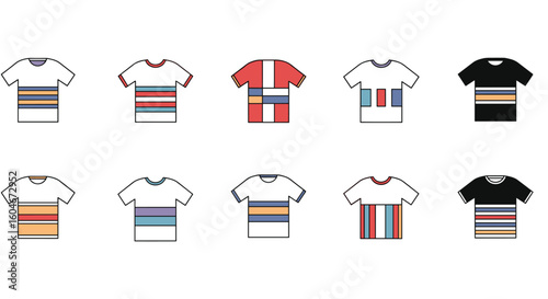 A collection of modern t shirts featuring diverse striped geometric patterns and color block designs for fashion enthusiasts