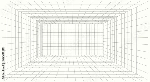 Abstract wireframe tunnel perspective with geometric lines and dots creating a digital space exploration illusion