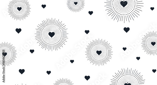 Charming heart patterns with radiating sunburst designs on a clean white background for celebratory occasions