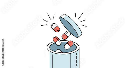 Illustration of capsules being released from a container showing health and medicine concepts