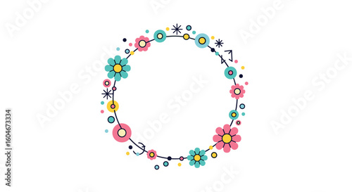 A whimsical floral circle border with scattered stars and dots bringing joyful celebration vibes
