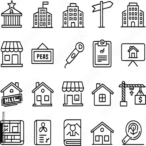 Real estate building and signature icon set