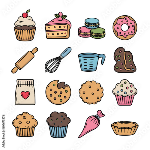 Sweet baking icons delightful cupcakes cookies macarons donut pie and tools