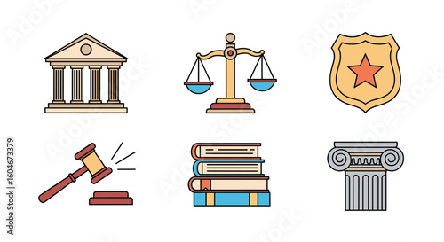Illustrations of legal concepts justice courtroom law books gavel scales of justice and pillar symbolizing law and order