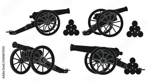 Historical artillery representations with ammunition piles illustrating military history and warfare technology