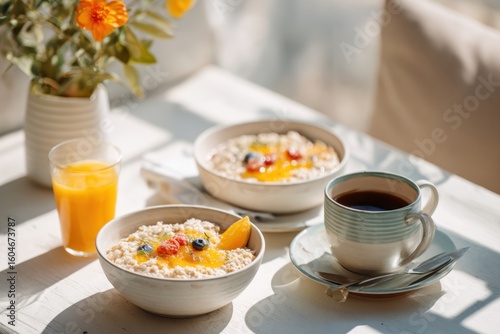 Healthy breakfast, oatmeal, fruit, juice, coffee